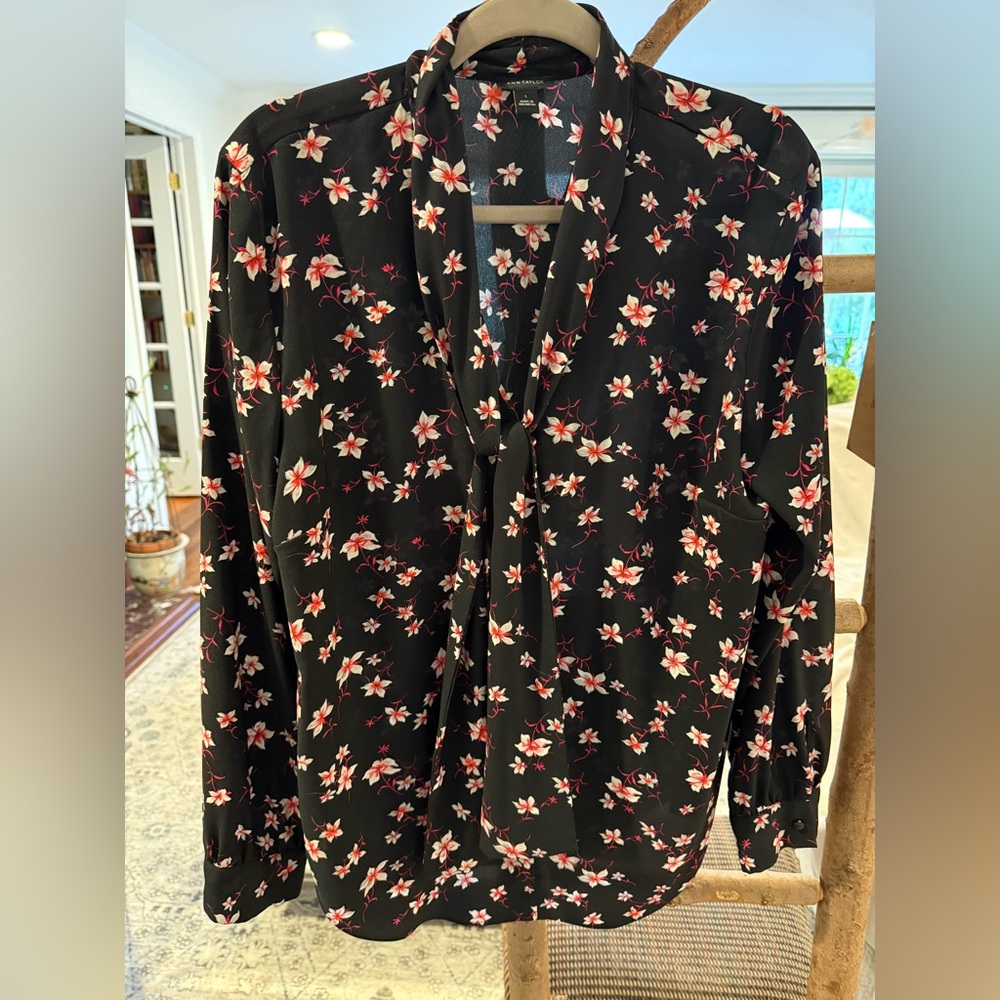 Ann Taylor Black Blouse with Red and White Floral Pattern